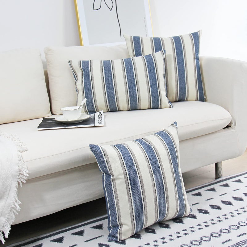 JOJUSIS Stripe Throw Pillow Covers Farmhouse Pillowcases Pack of 2 18 x 18 Inch Blue - Image 4